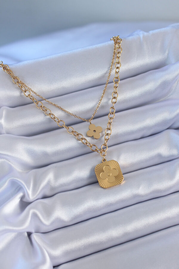 316L Çelik Gold Renk 2'li Zincir Yonca Model Kadın Kolye - Görsel 2