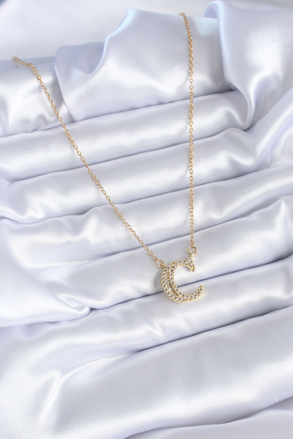 316L Çelik Gold Renk C Harf Model Zirkon Taşlı Kadın Kolye - Görsel 2