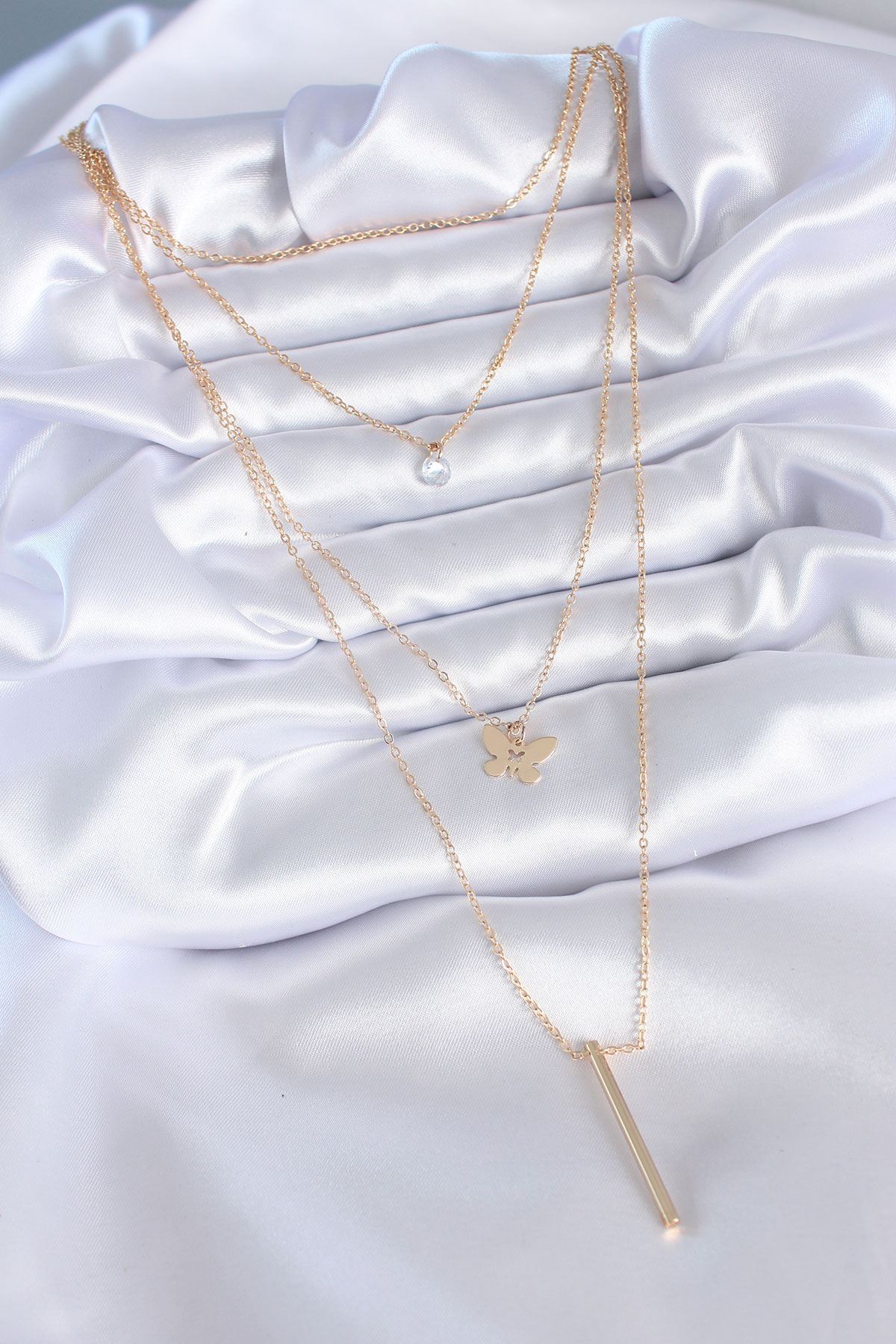 Gold Renk 3'lü Kelebek Figür Zirkon Taş Detay Kadın Kolye - Görsel 2