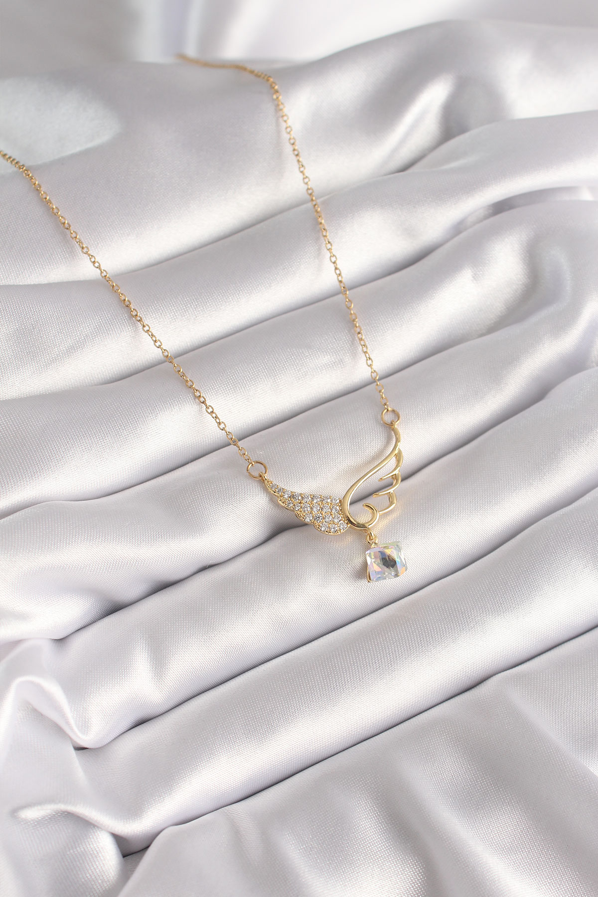 316L Çelik Gold Renk Zincir Zirkon Taşlı Kanat Model Sallantı Zirkon Taş Detay Kadın Kolye - Görsel 2