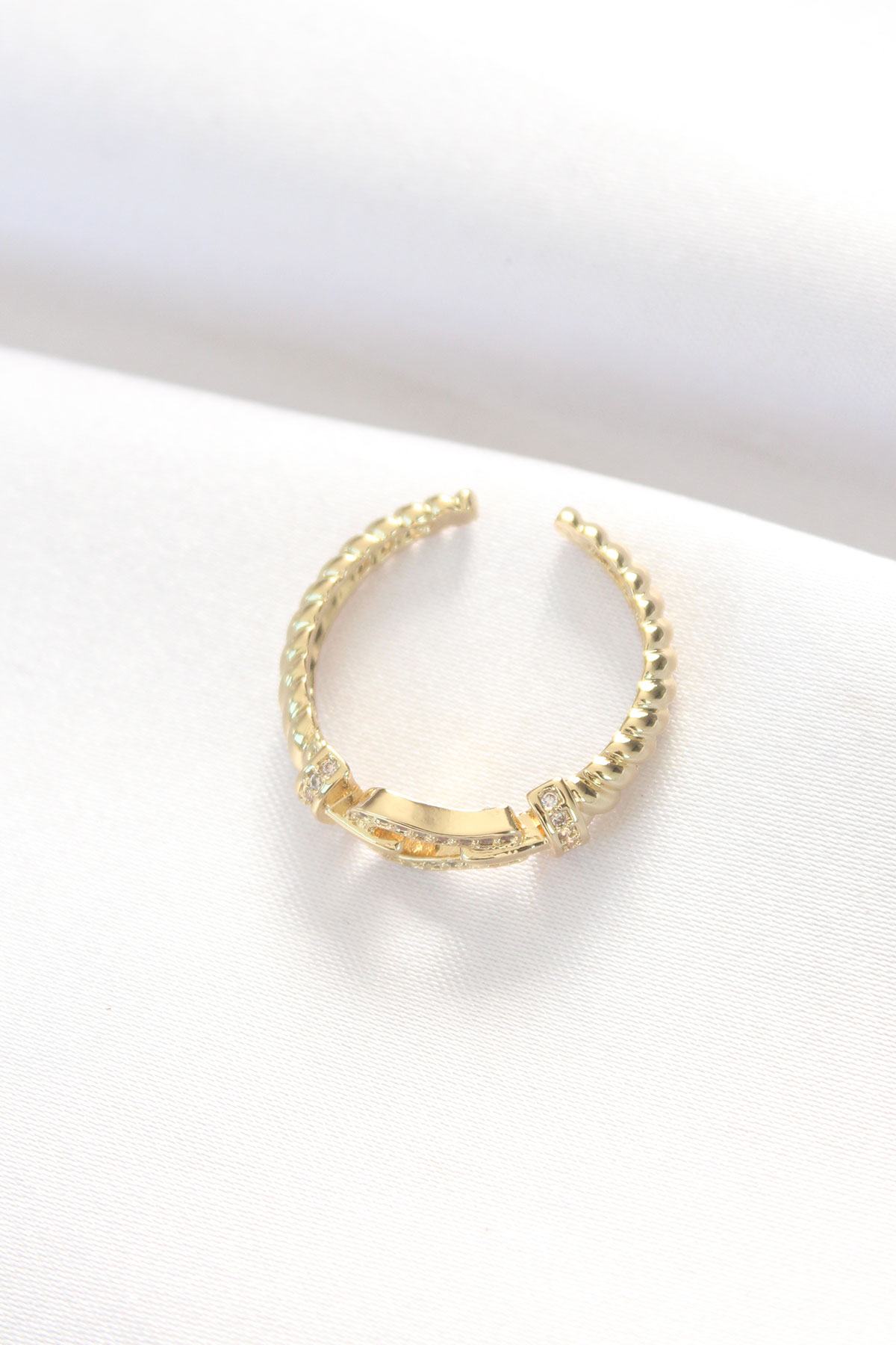 Kemer Tokası Tasarımlı Gold Renk Zirkon Taşlı Ayarlanabilir Yüzük - Görsel 2