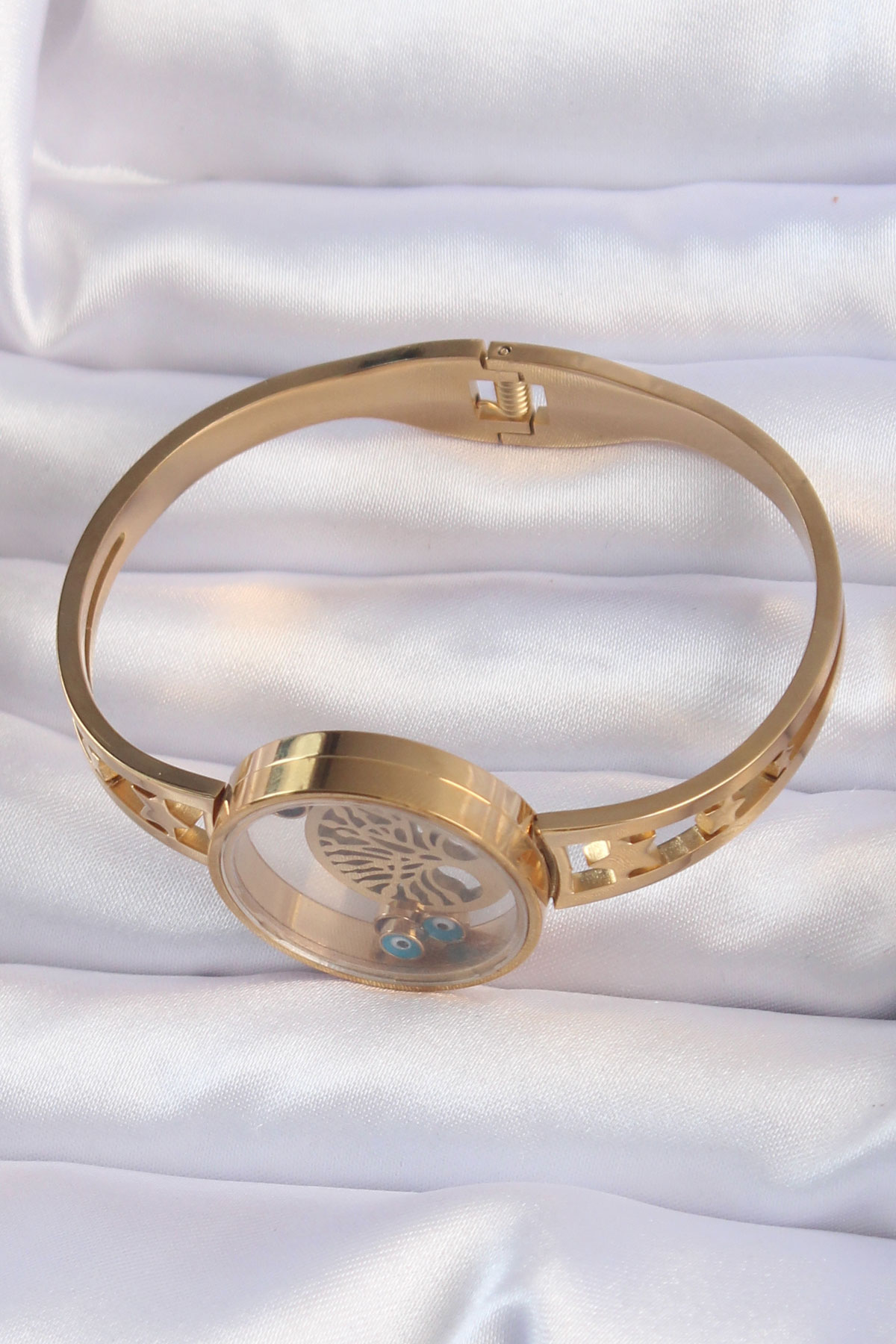 316L Çelik Altın Renk İçi Yaşam Ağacı ve Nazar Boncuk Figürlü Açılabilir Fanus Kelepçe - Görsel 2