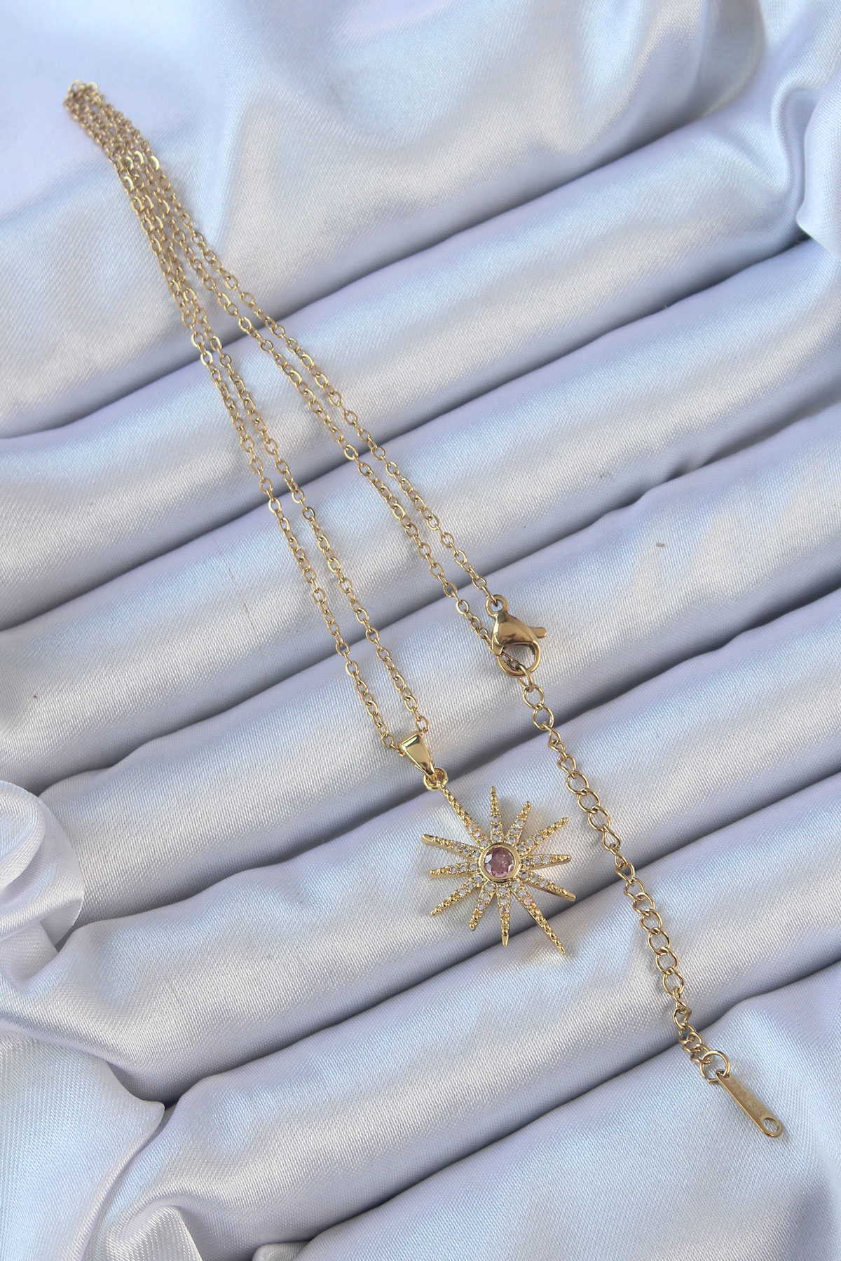 316L Çelik Zincir Altın Renk Pembe Zirkon Taşlı Kutup Yıldızı Kolye - Görsel 2