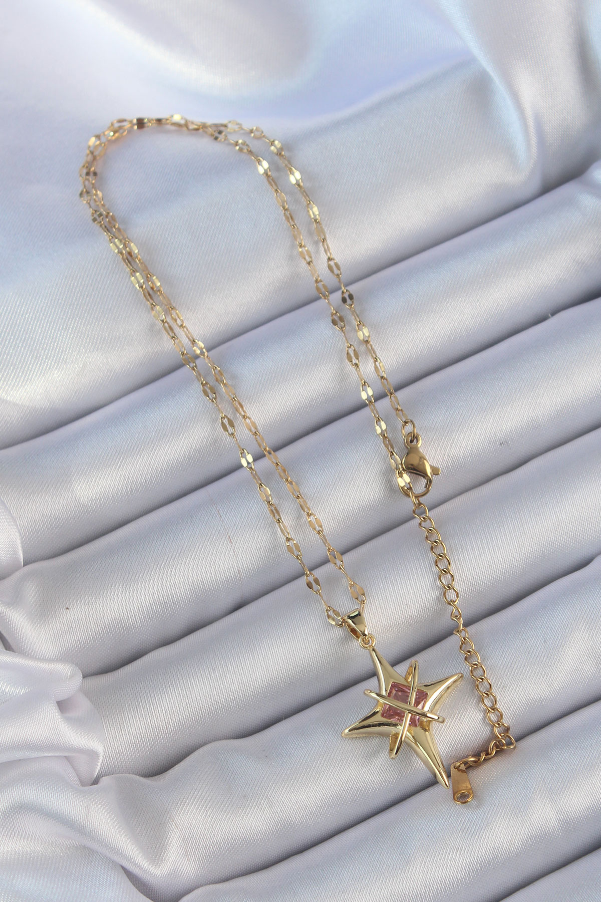 316L Çelik Zincir Altın Renk Pembe Zirkon Taşlı Kutup Yıldızı Kolye - Görsel 2