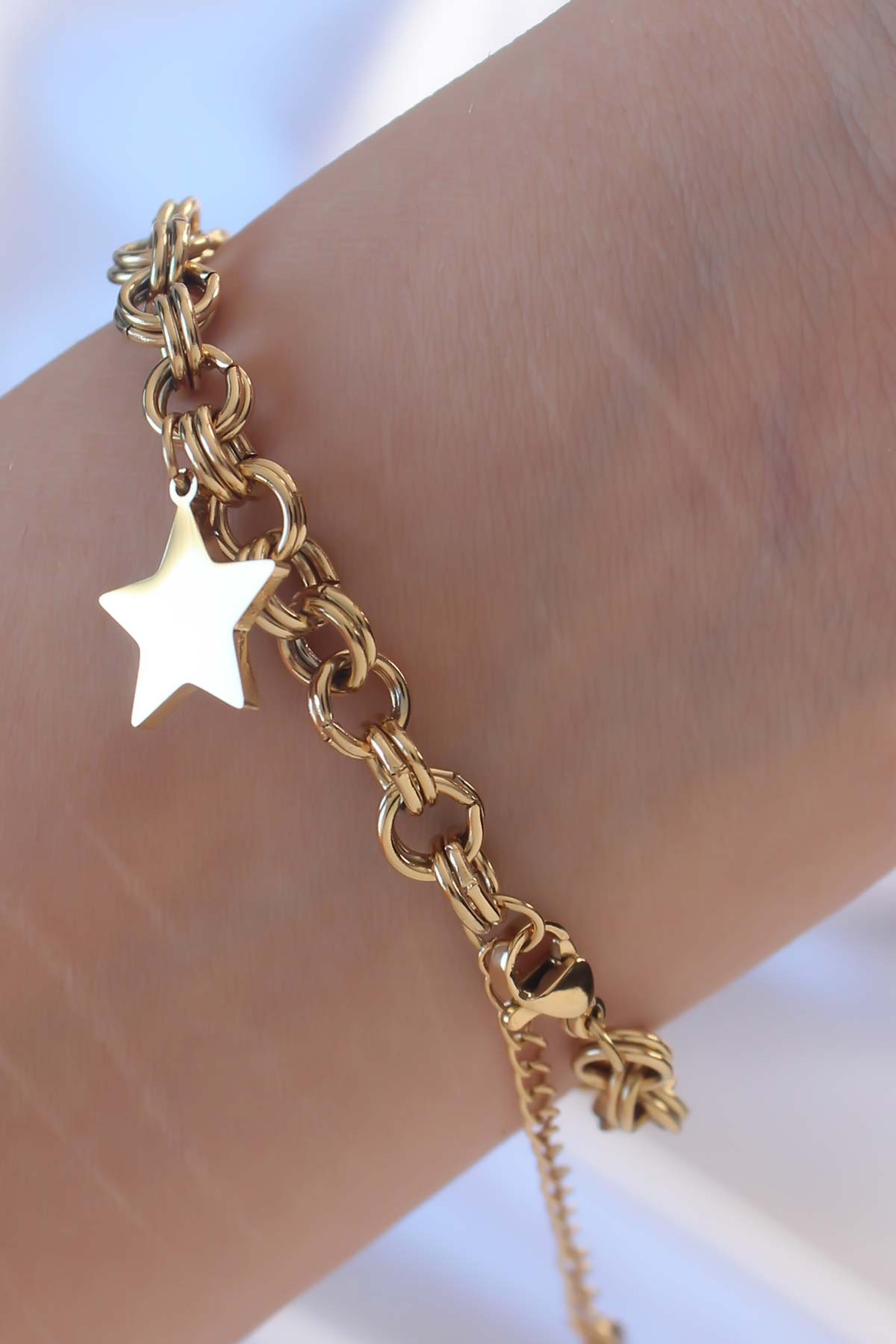 316L Çelik Altın Renk Halka Zincirli Kalp ve Yıldız Bileklik - Görsel 2