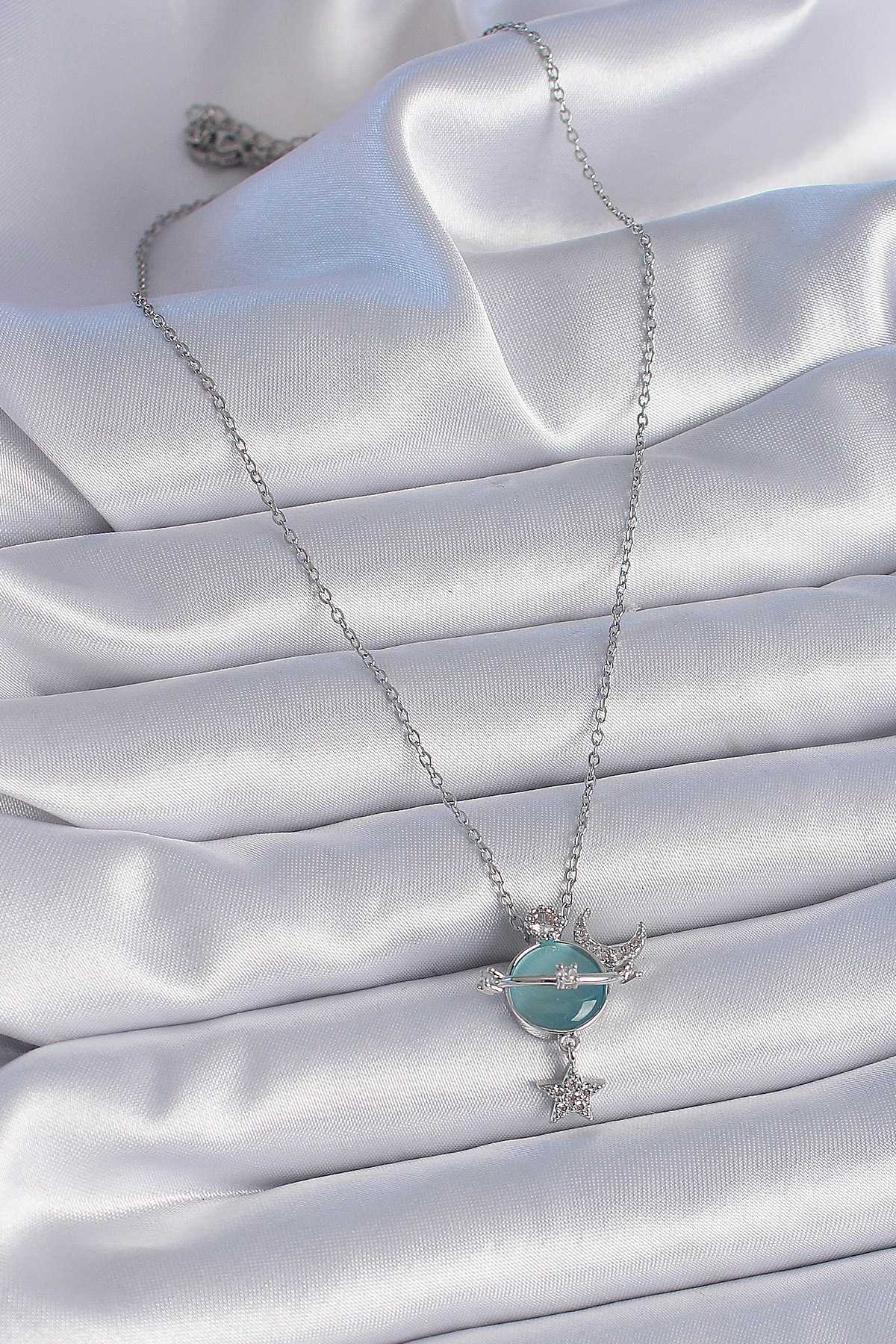 316L Çelik Zincir Gümüş Renk Yeşil Sedefli Gezegen Model Zirkon Taşlı Ay Yıldız Model Kadın Kolye - Görsel 2