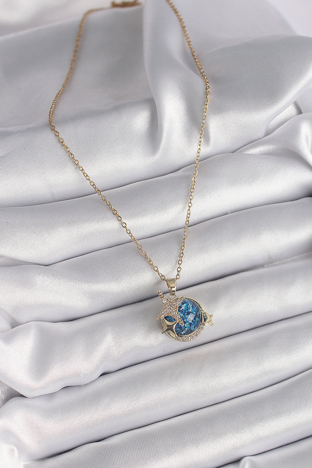316L Çelik Gold Renk Zincir Zirkon Taşlı Detaylı Mavi Simli Gezegen Model Yıldız Detay Kadın Kolye - Görsel 2