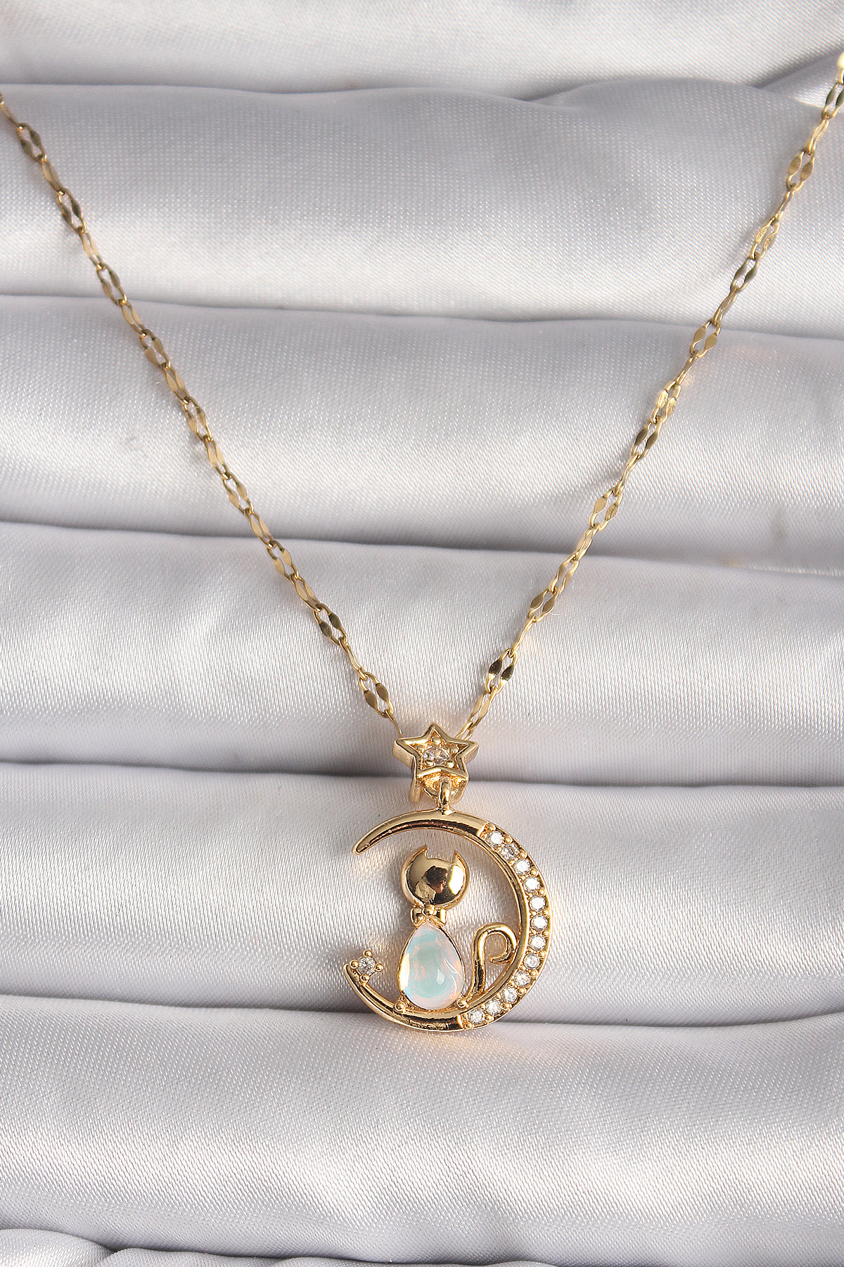 316L Çelik Gold Renk Zirkon Taşlı Hilal Mavi Sedefli Kedi Figür Yıldız Detay Kadın Kolye