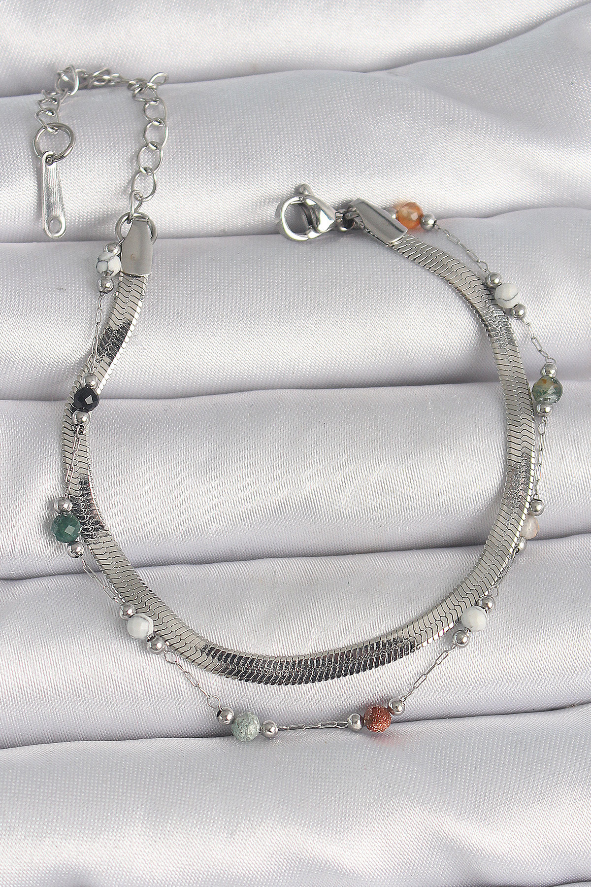 316L Çelik Gümüş Renk 2'li İtalyan Zincir Kristal Taş Detay Kadın Bileklik