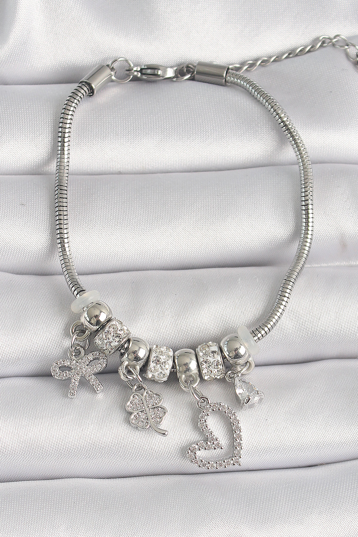 316L Çelik Gümüş Renk Zincir Sallantı Zirkon Taşlı Kalp Figür Yonca Detay Kadın Bileklik