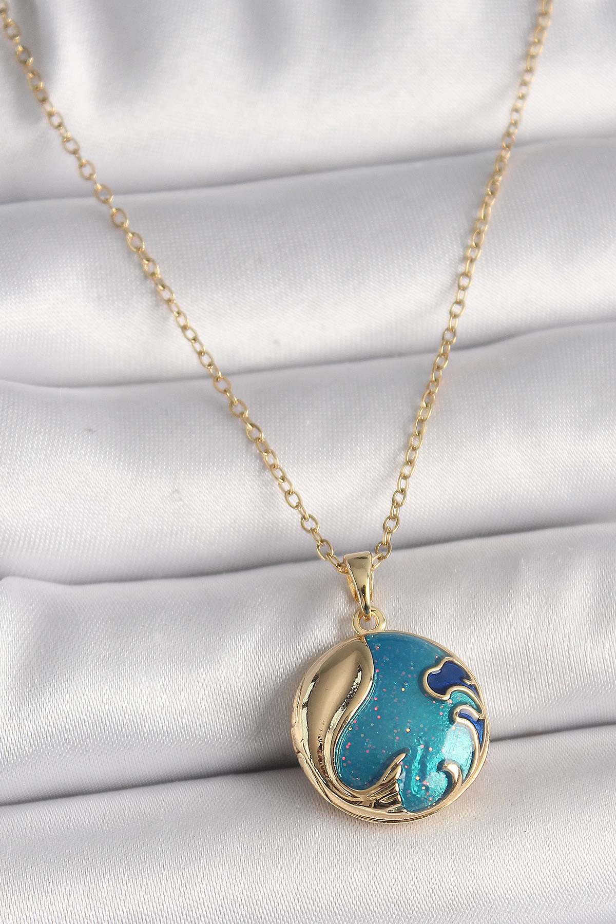 316L Çelik Gold Renk Zincir Mavi Dünya Model Kadın Kolye