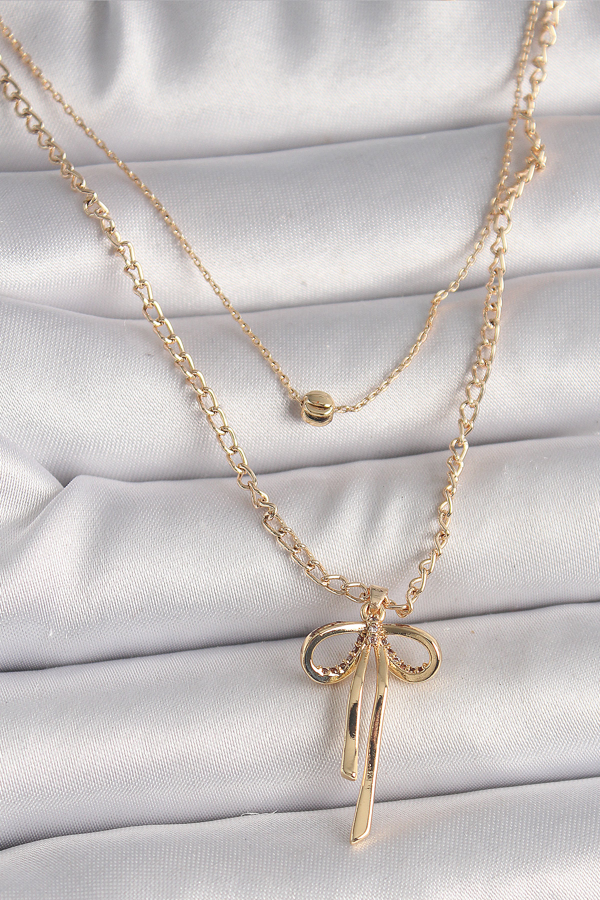 Pirinç Gold Renk 2'Li Zincir Model Kurdele Figür Kadın Kolye