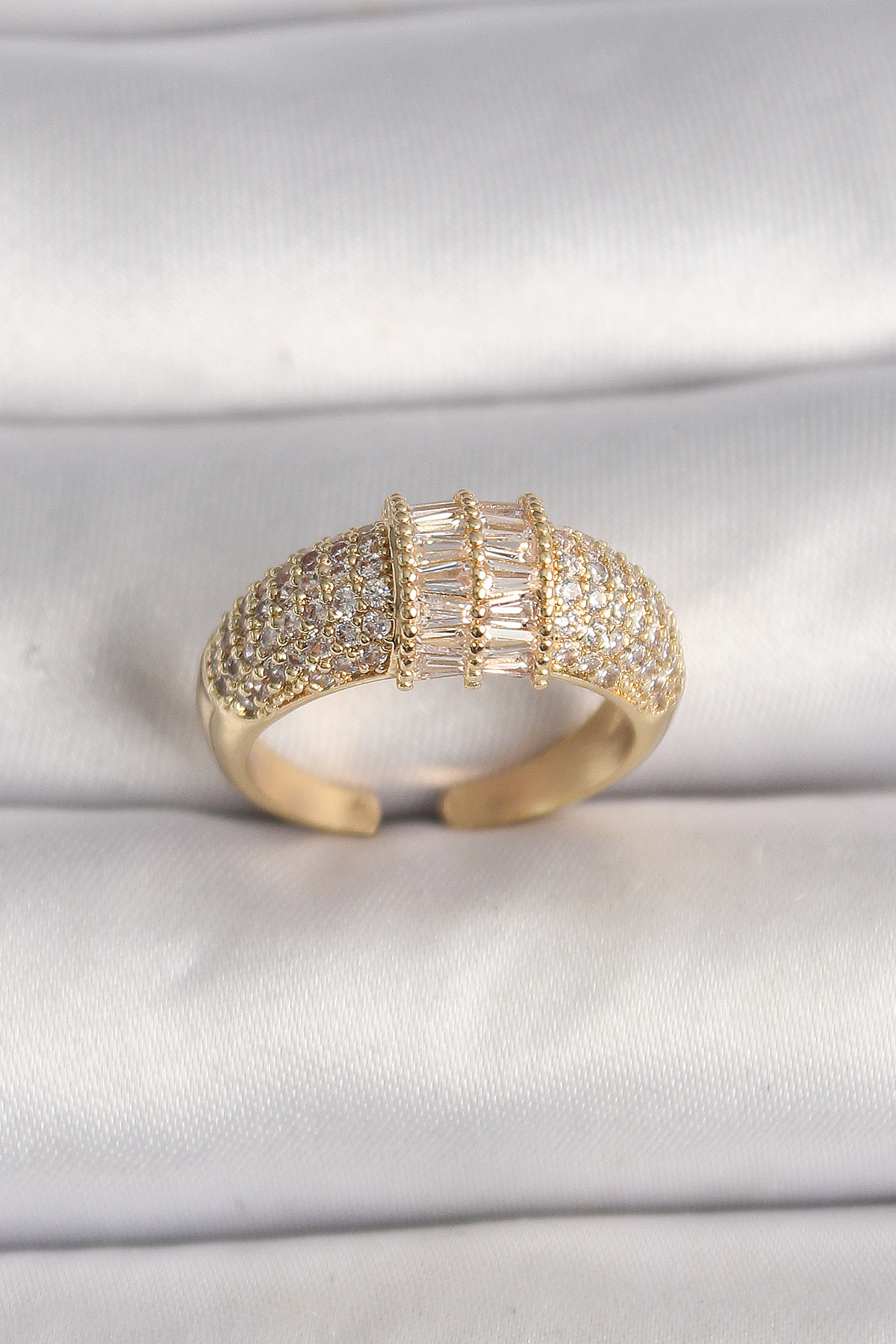 Pirinç Gold Renk Ayarlanabilir Baget Zirkon Taşlı Kadın Yüzük