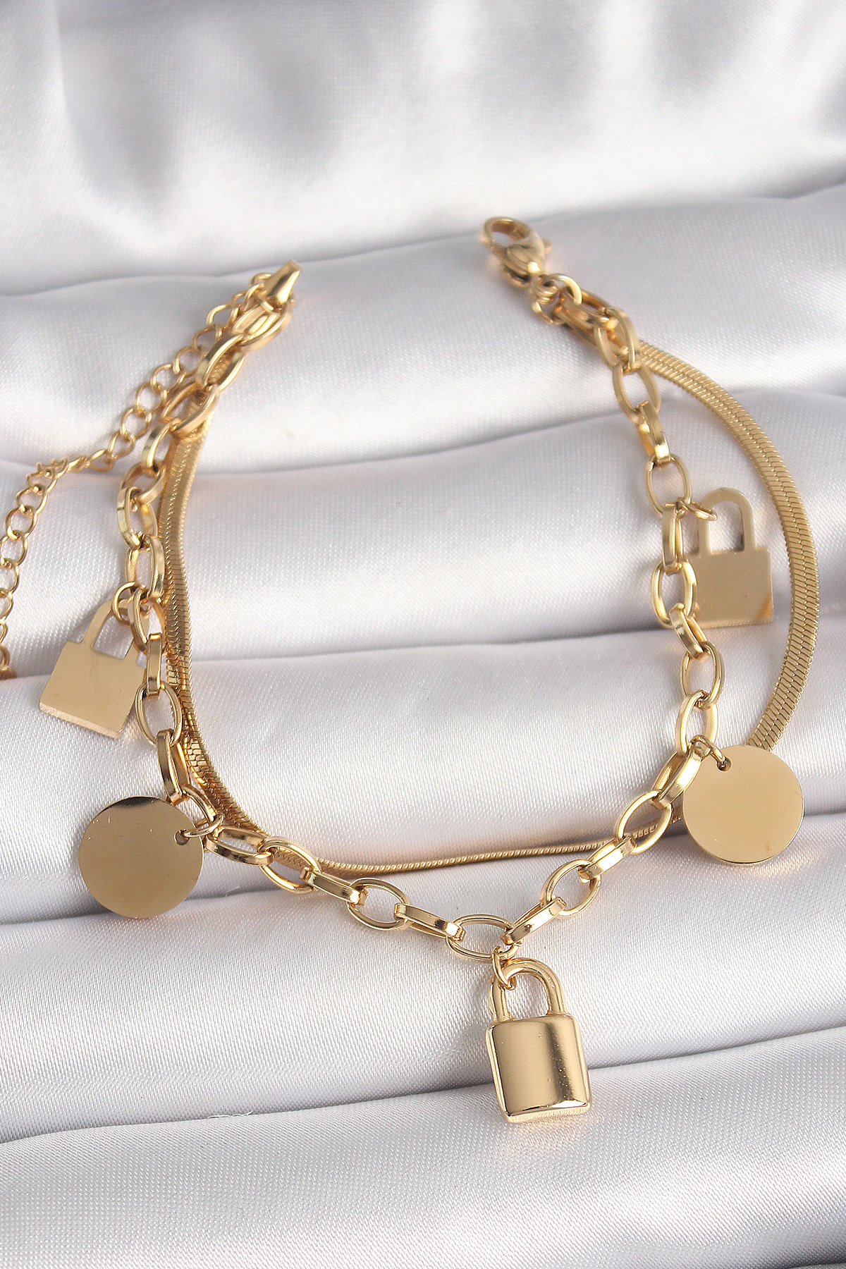 316L Çelik Gold Renk 2'Li İtalyan Zincir Kilit Figür Kadın Bileklik