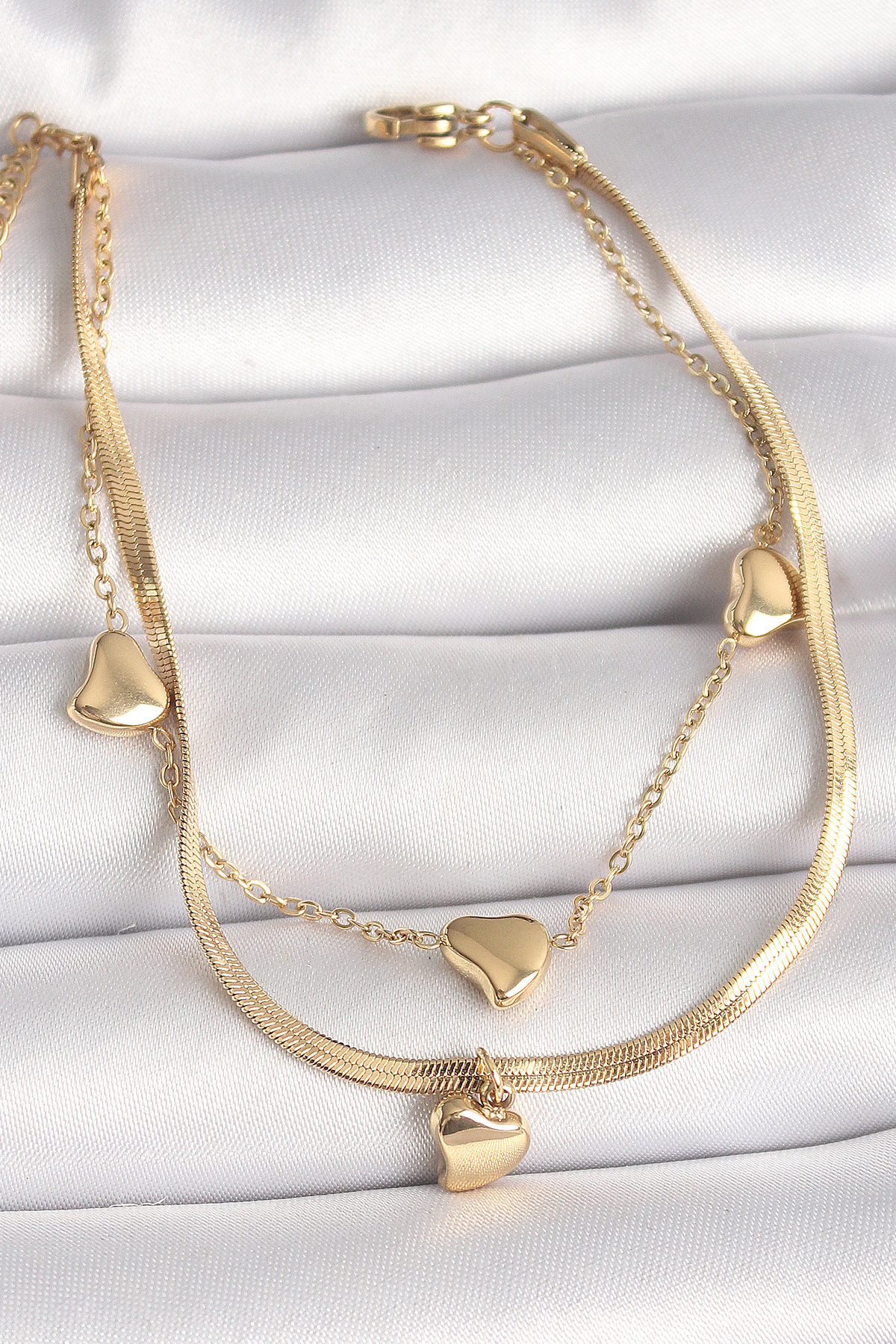316L Çelik Gold Renk 2'Li İtalyan Zincir Sallantı Kalp Figür Kadın Bileklik