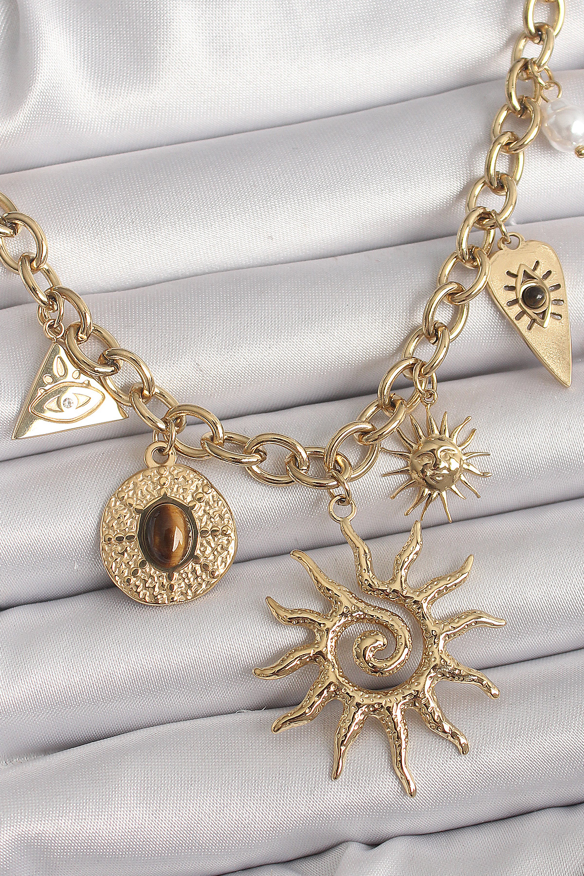316L Çelik Gold Renk Halka Zincir Model Sallantı Güneş Figür Göz Detay Kadın Kolye
