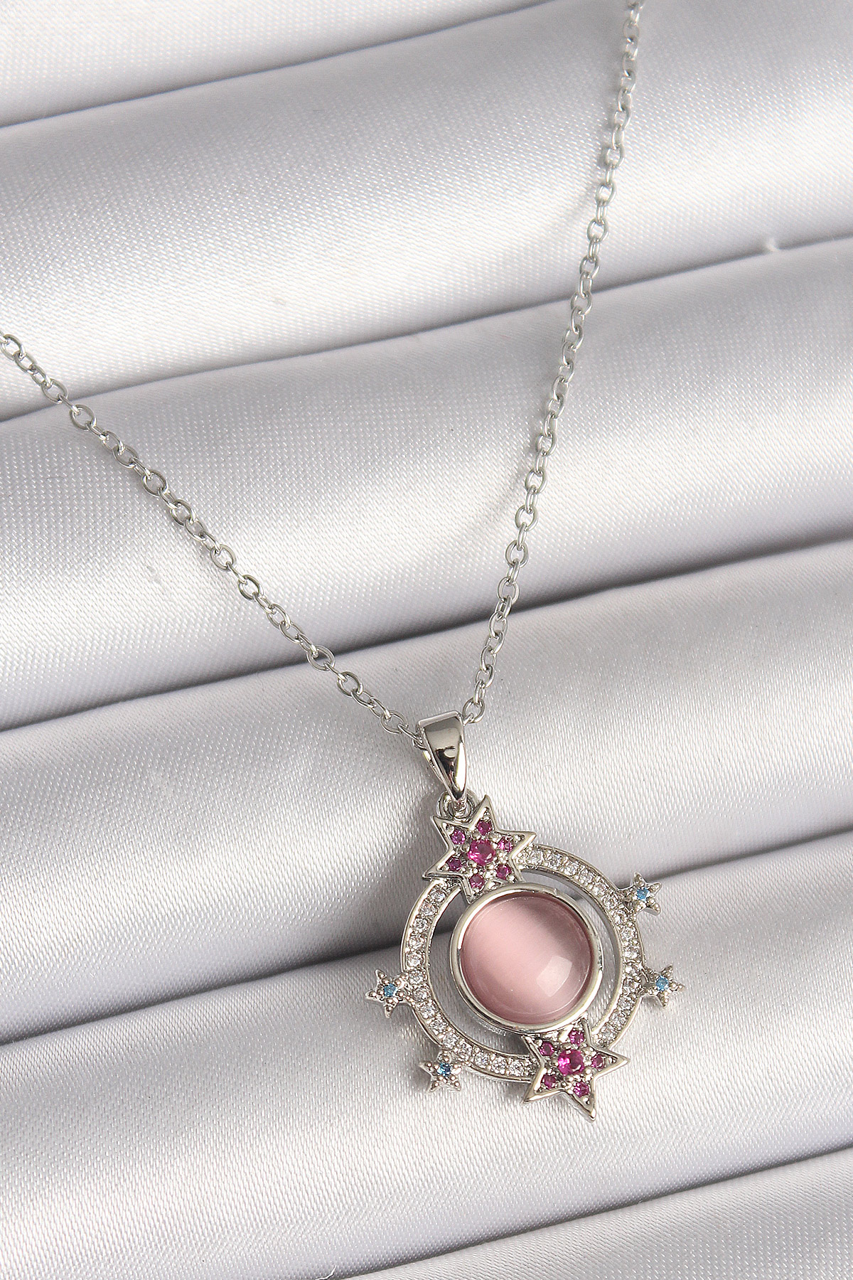 316L Çelik Gümüş Renk Zincir Pembe Sedefli Zirkon Taşlı Yıldız Detay Zirkon Taşlı Kadın Kolye