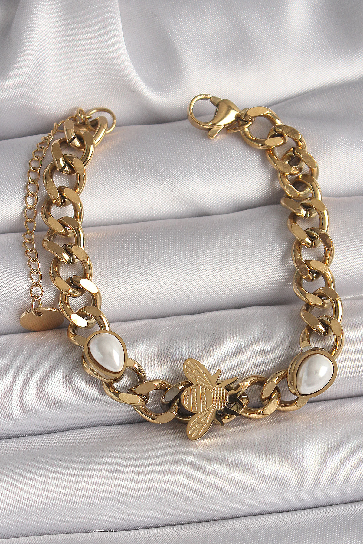 316L Çelik Gold Renk Kalın Zincir Model Arı Figür Damla İnci Detay Kadın Bileklik